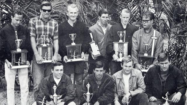 surfers at 1966 surfing contest at swamis