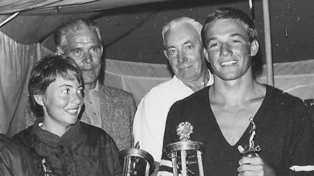 surfing contest winners phyllis o'donell and peter drouyn, 1965