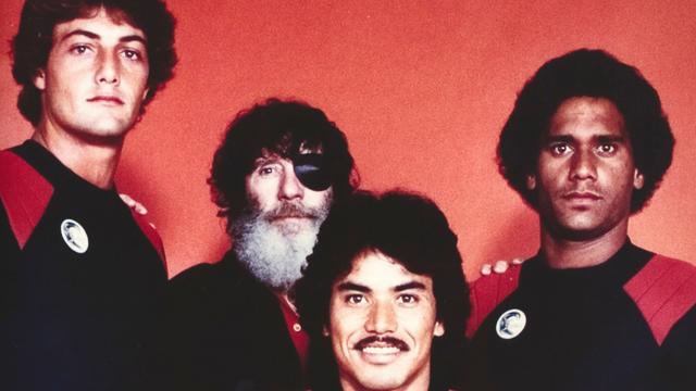 (L to R) Shaun Tomson, Jack O'Neill, Reno Abellira, Dane Kealoha, early 1980s O'Neill Wetsuits ad