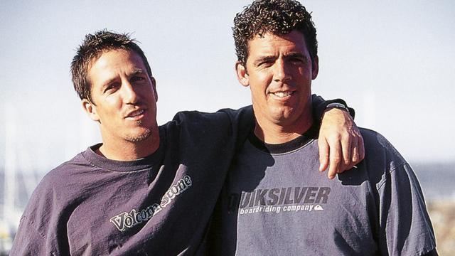 Steamer Lane regulars Ken Collins (left) and Peter Mel, mid 1990s. Photo: Doug Acton