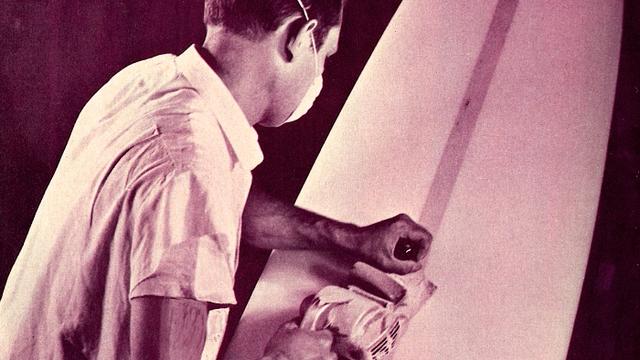 Unknown mid-'60s shaper plowing a Clark Foam blank