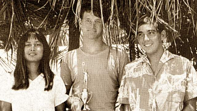(L to R) Rell Sunn, Randy Rarick, Gerry Lopez, Waikiki contest, 1967