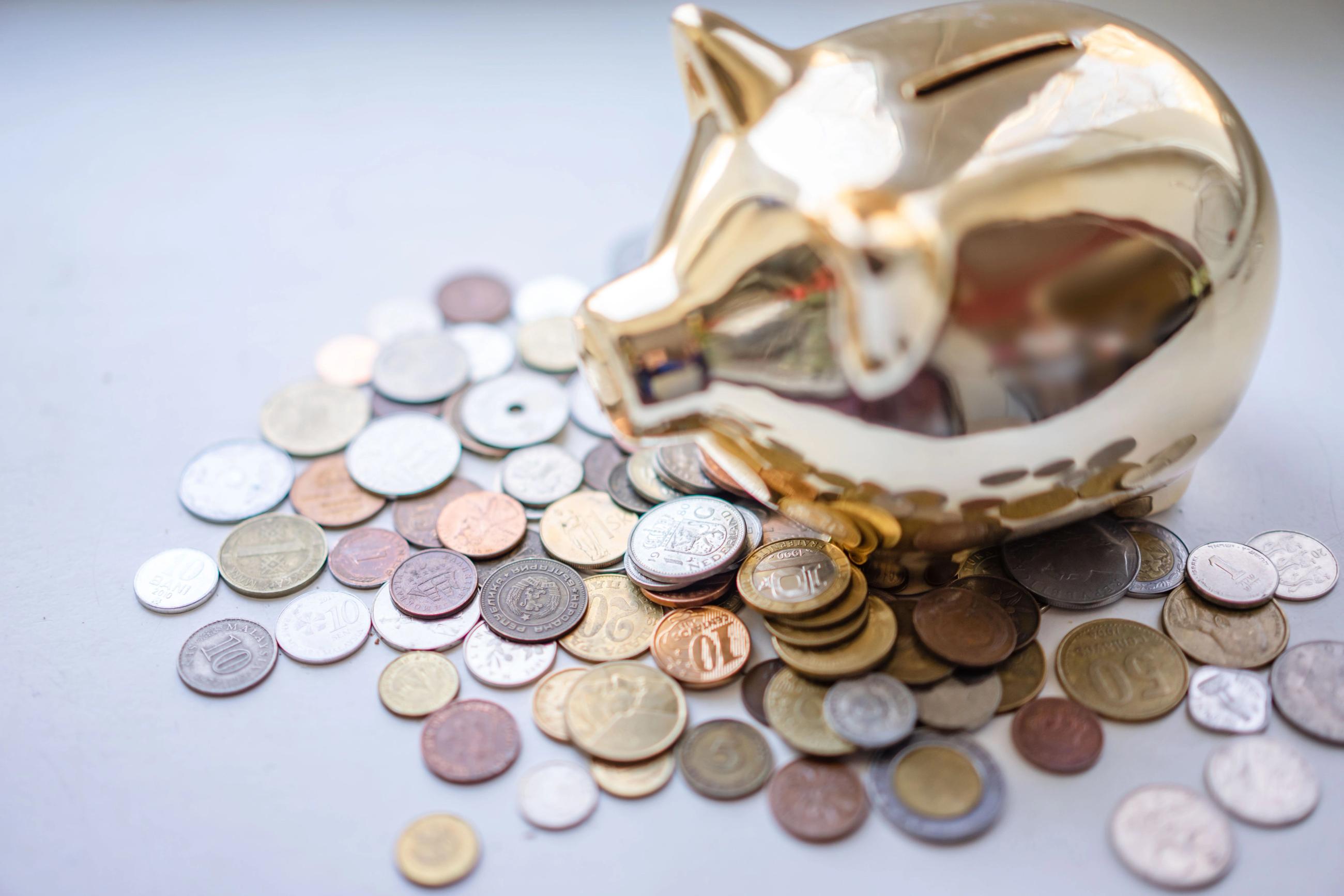 Piggy Bank With Coins Around it