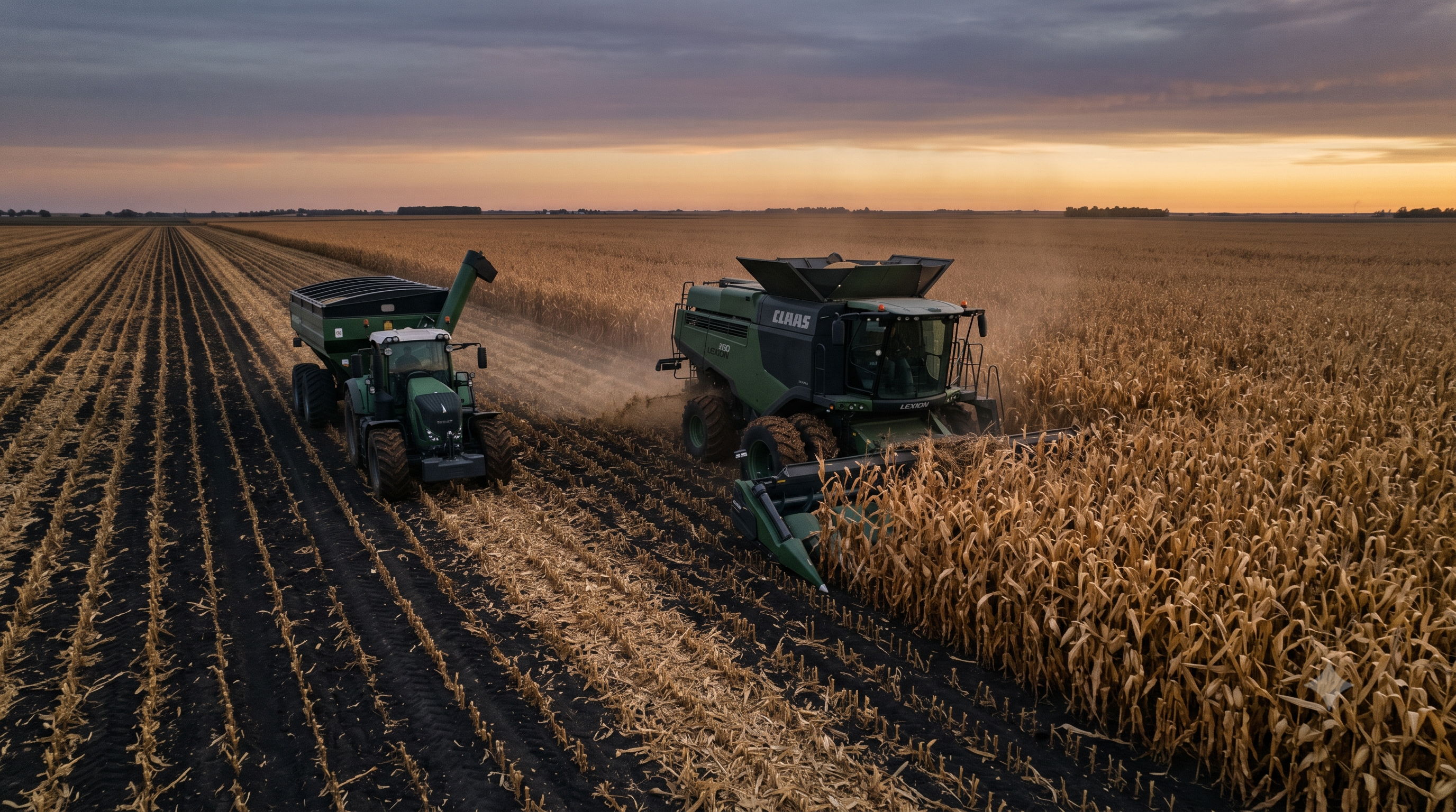 Mechanised harvest at dusk