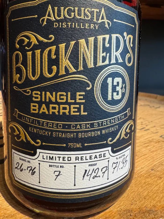 A single barrel label, hand-marked with barrel and bottle numbers