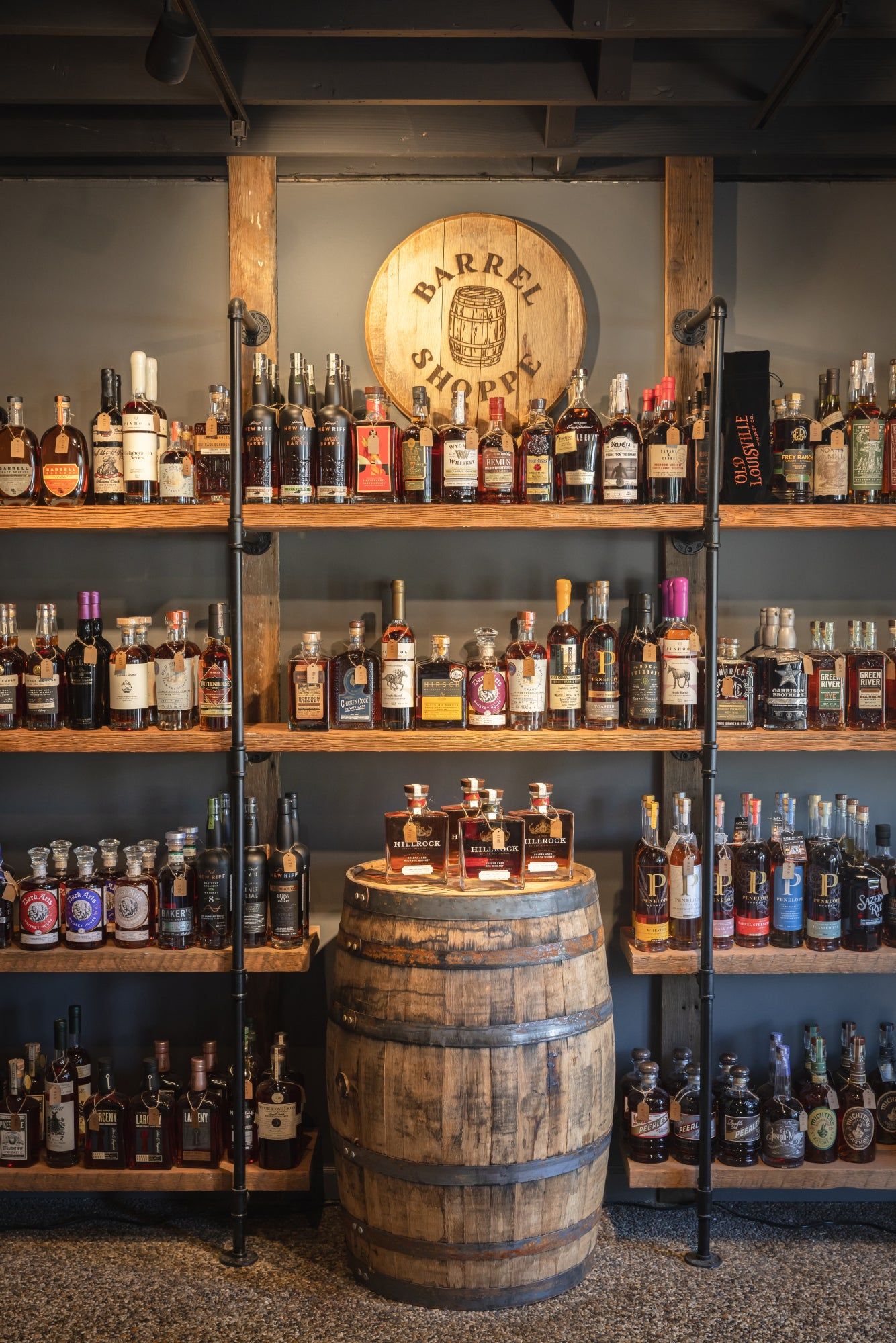 Shelves of single barrel bottles inside Barrel Shoppe