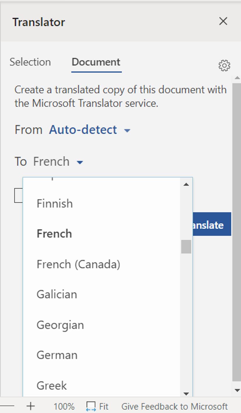 Translation language options in MS Word online