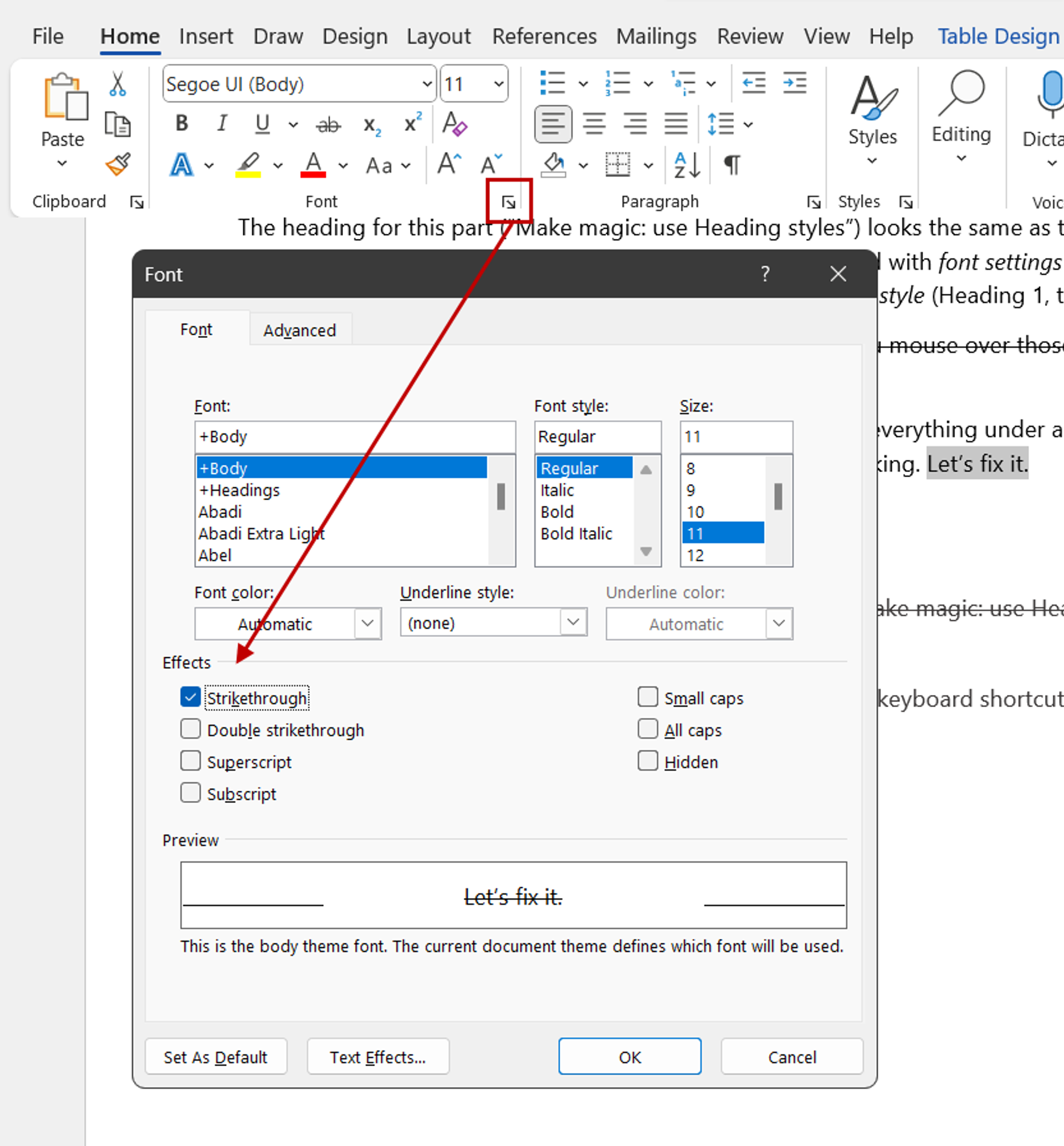speech to text in ms word shortcut Striking through text with the Font editor