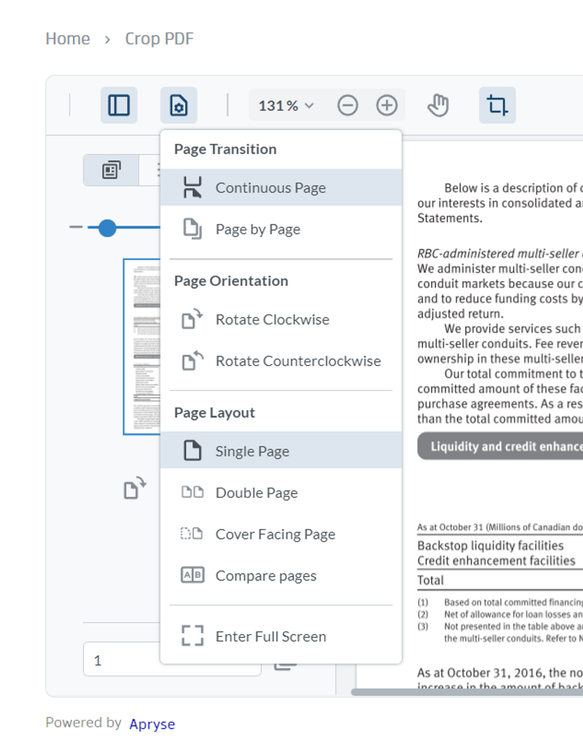 PDF page view customization options in Xodo’s online Crop PDF viewer 
