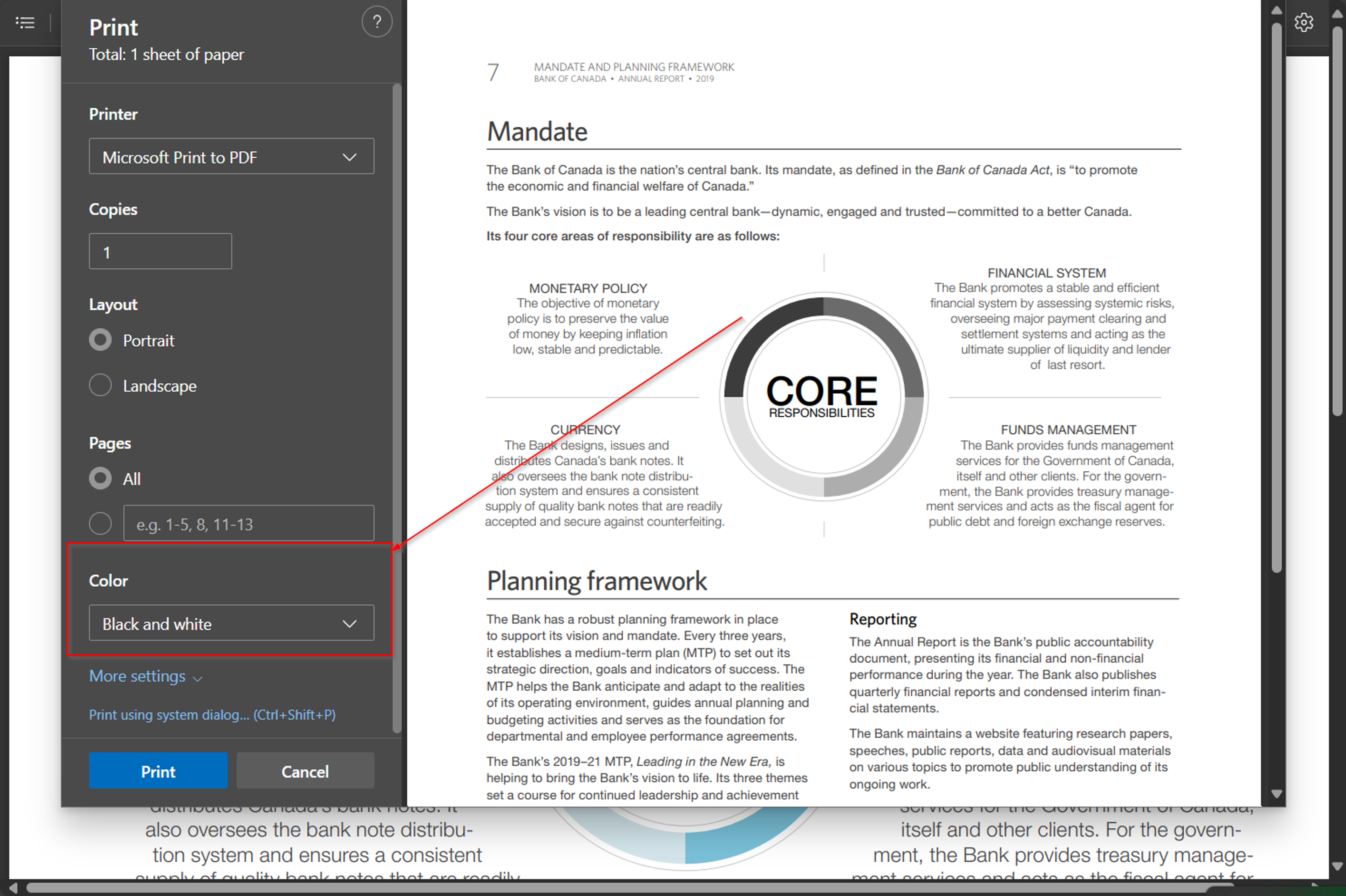 Steps to make a PDF black and white using print function on Windows 10 or 11 