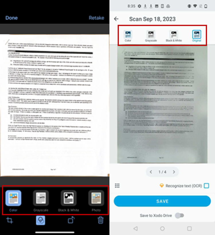 Xodo Mobile Scanner filters applied to scanned document