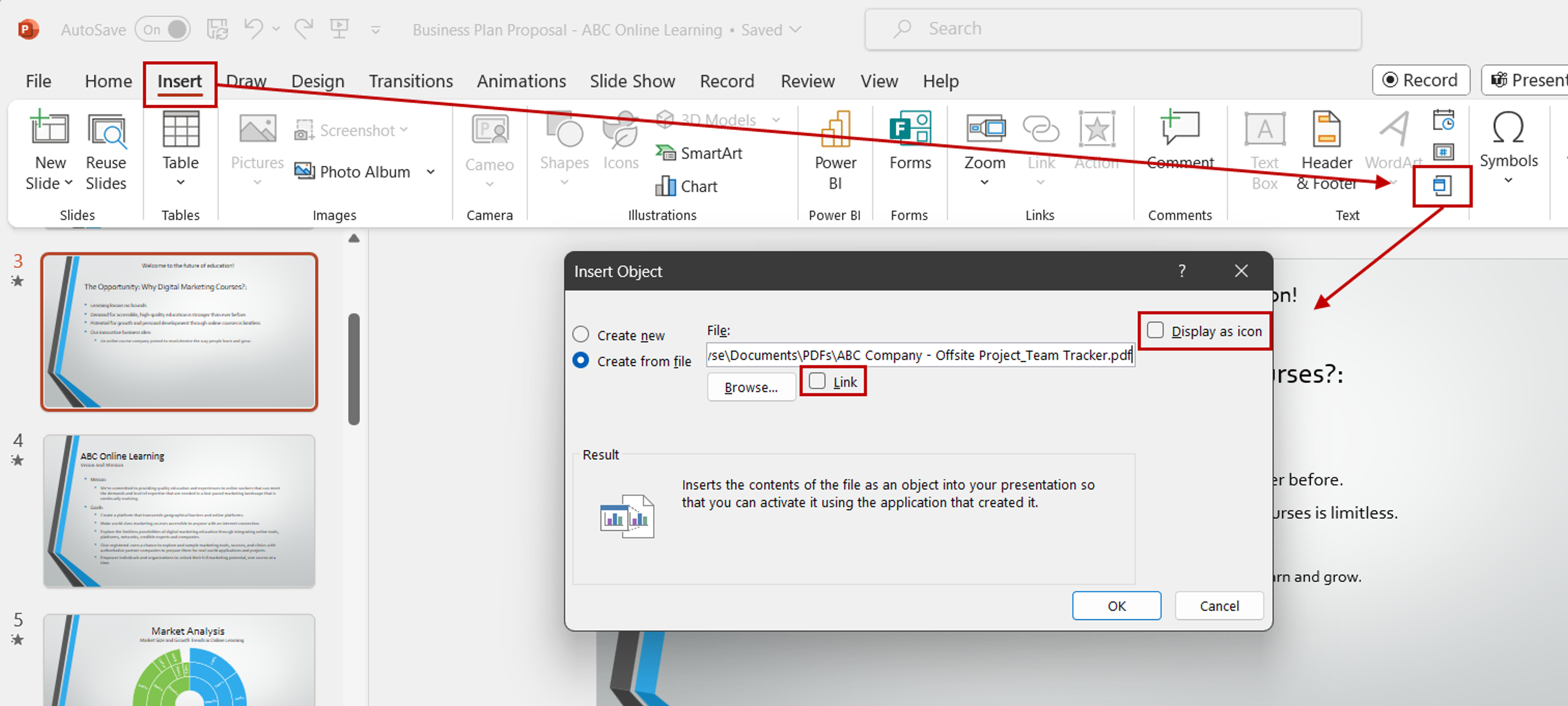 Insert PDF into PowerPoint as icon or link