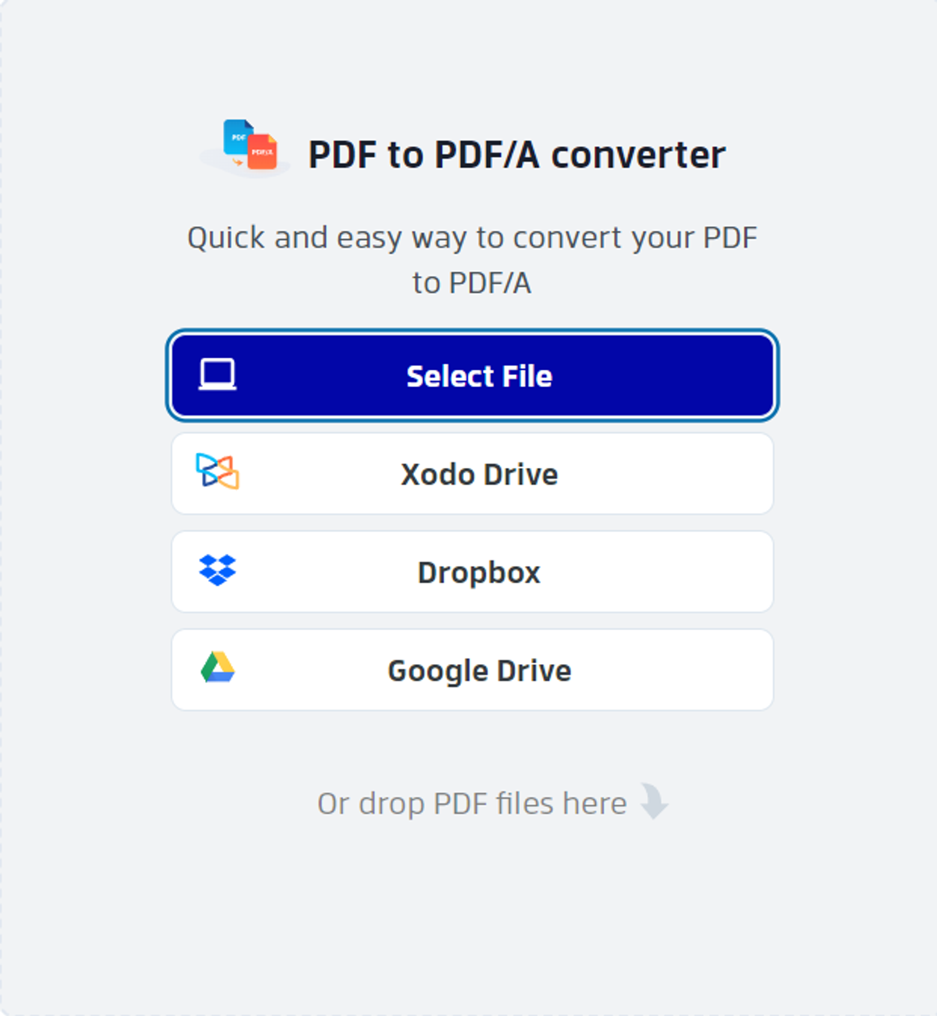 PDF upload options for Xodo’s PDF to PDF/A converter