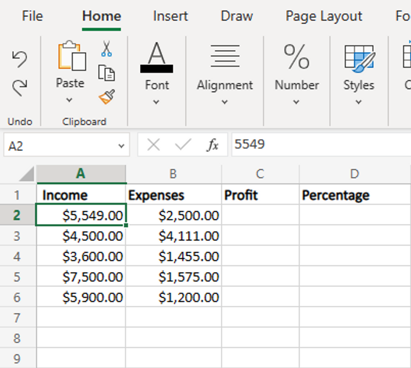 Income and expense data being entered to calculate profits in MS Excel 