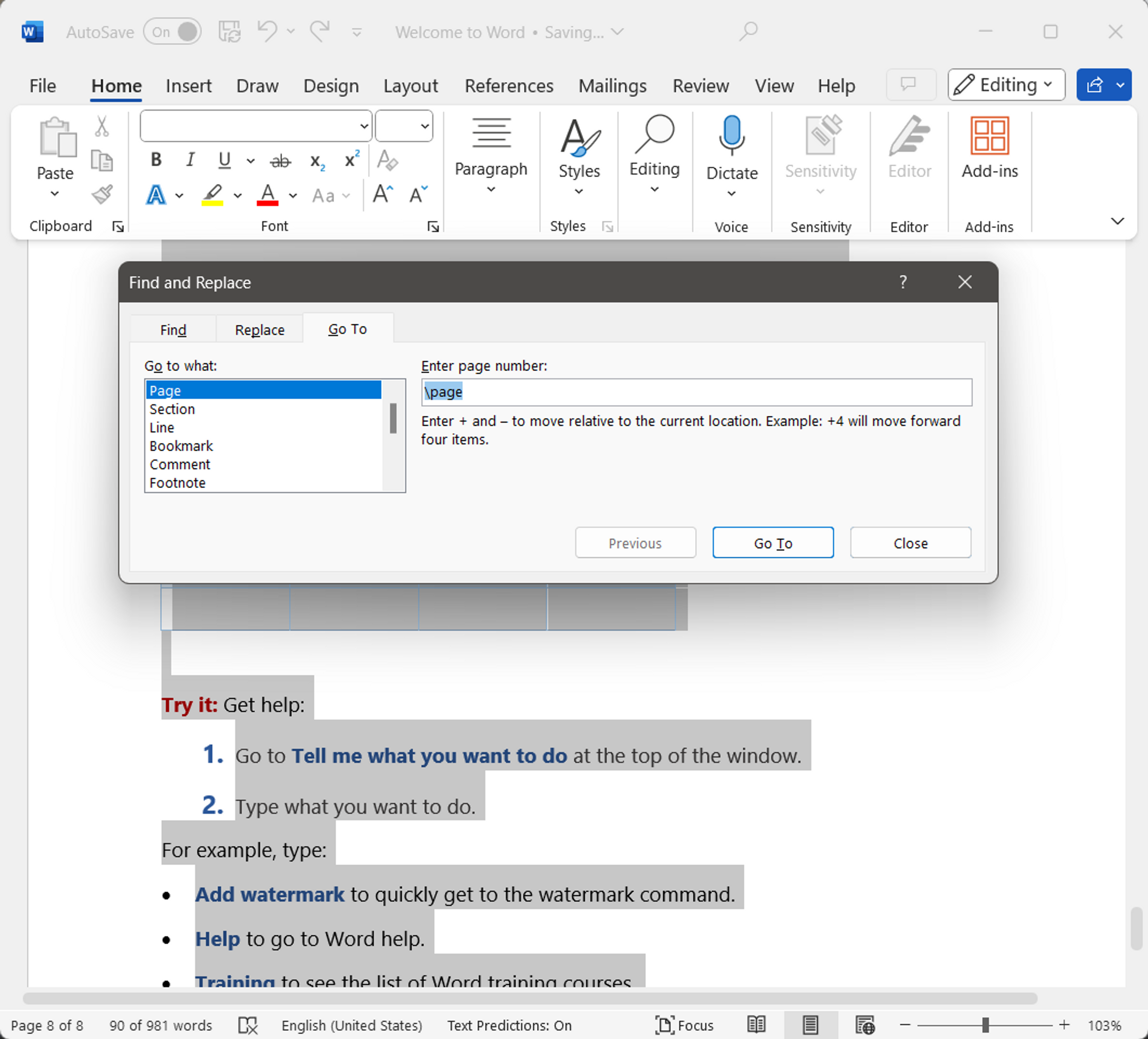 Selecting content to remove page in Word application