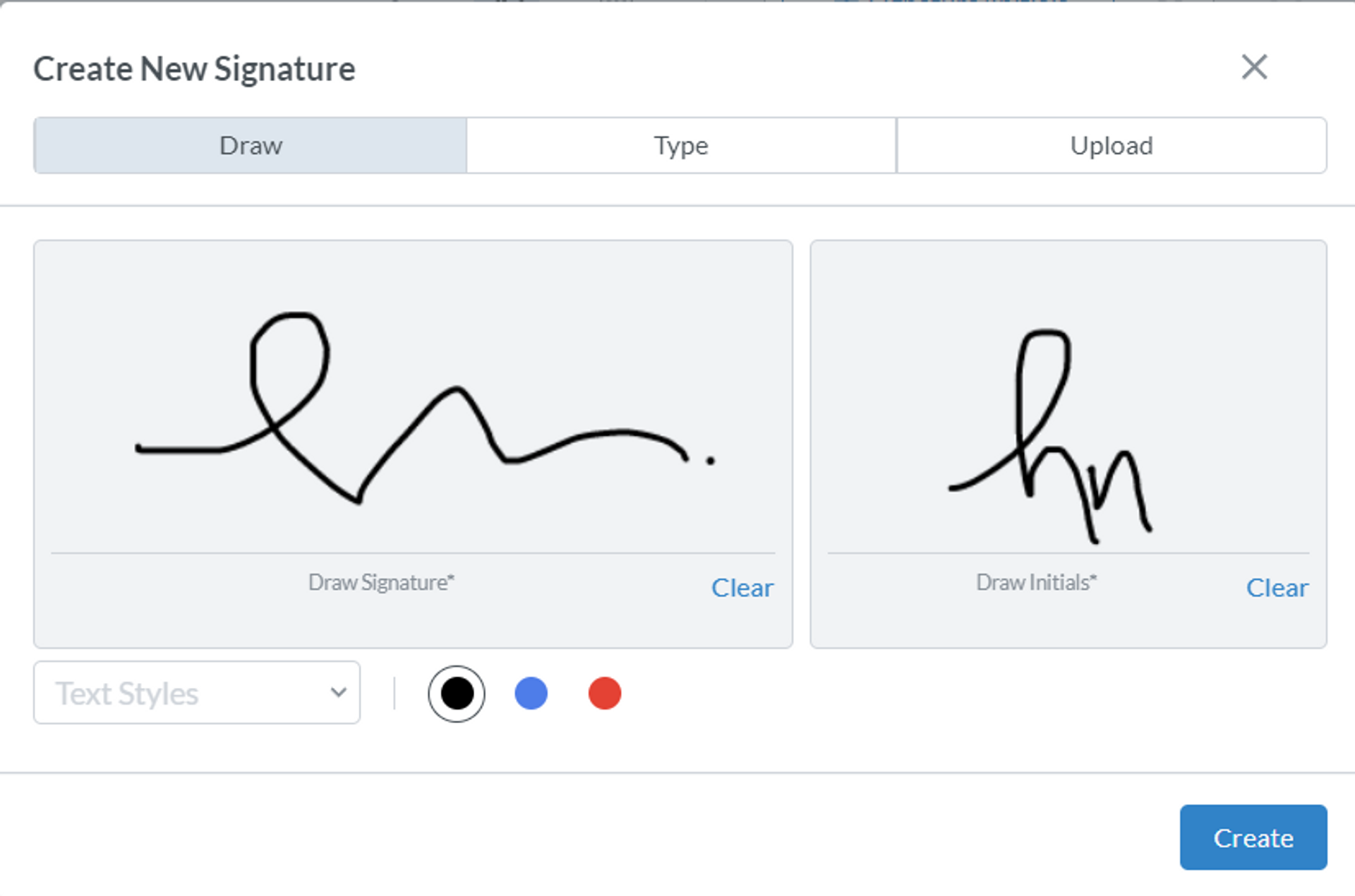 Electronic signature and initials drawn using Xodo’s PDF signing tool