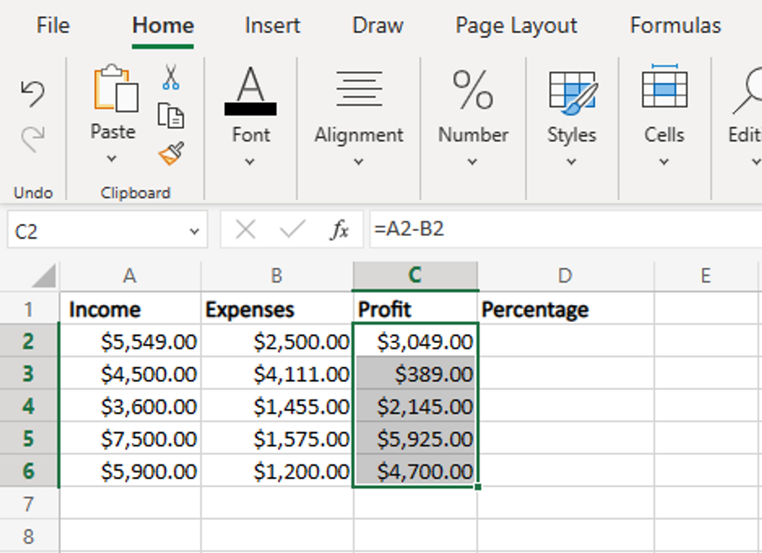 Populating the Profit column with data in an MS Excel table