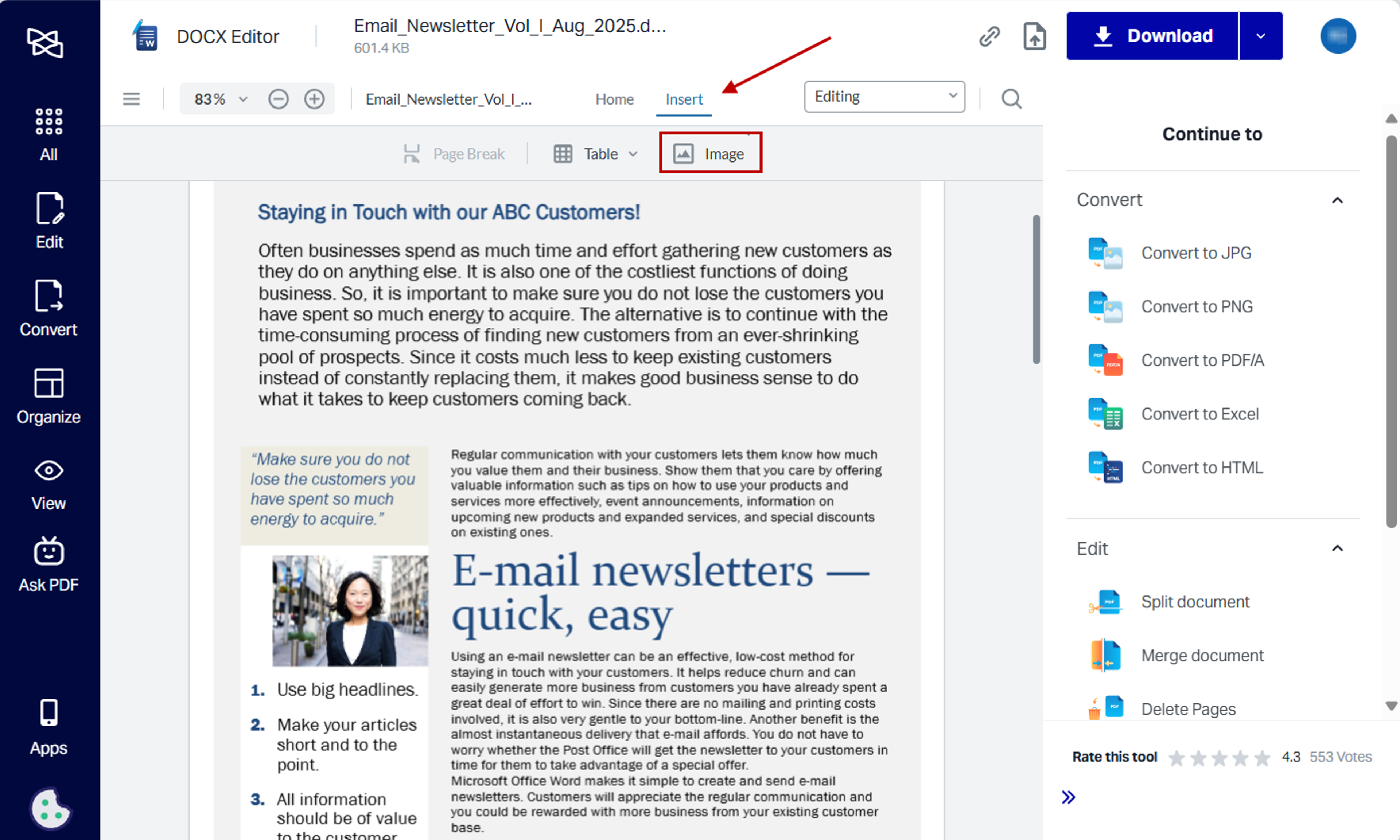Steps to add an image to Word online using Xodo DOCX editor 
