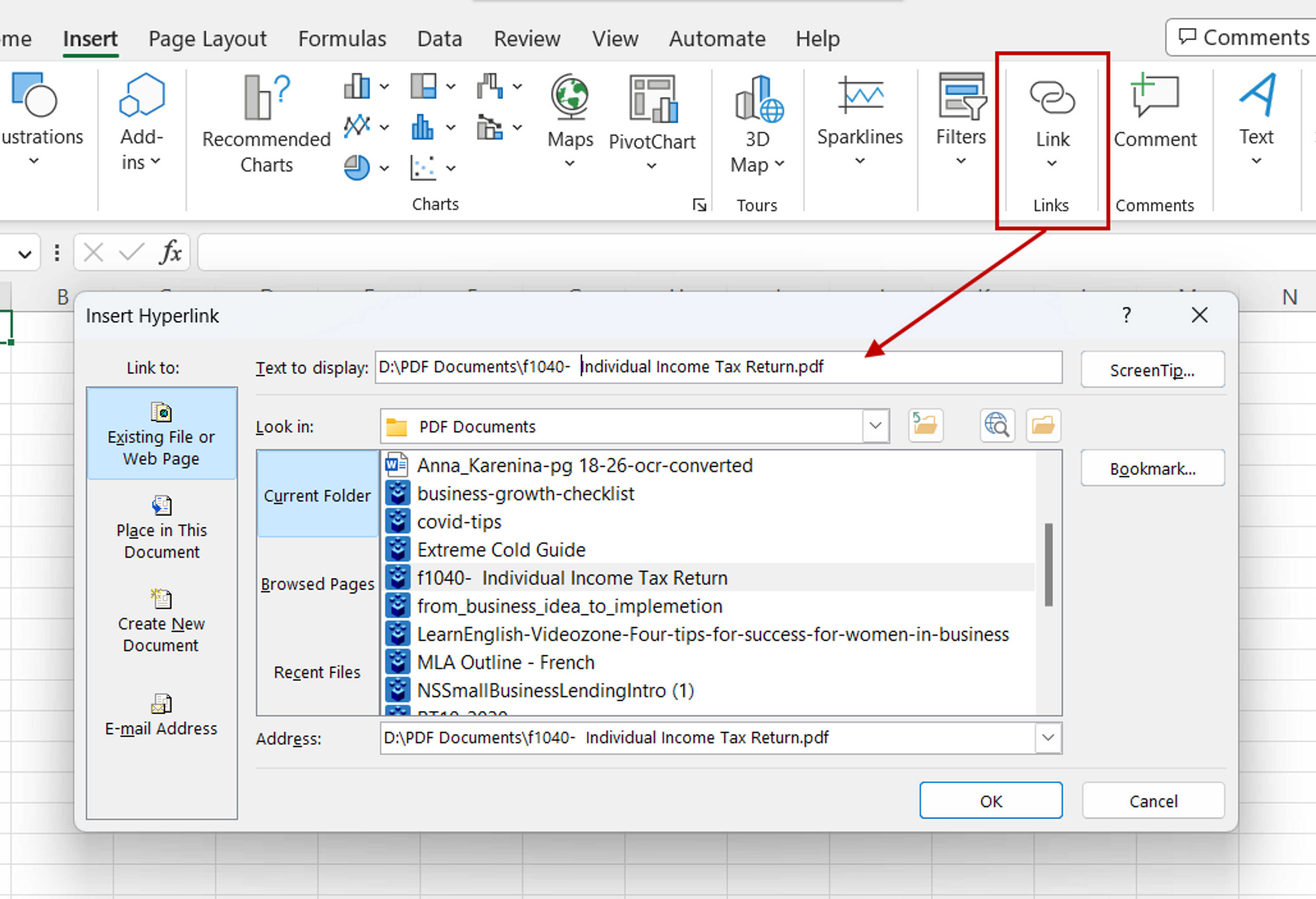 Insert hyperlink dialog for customizing PDF hyperlinks in MS Excel