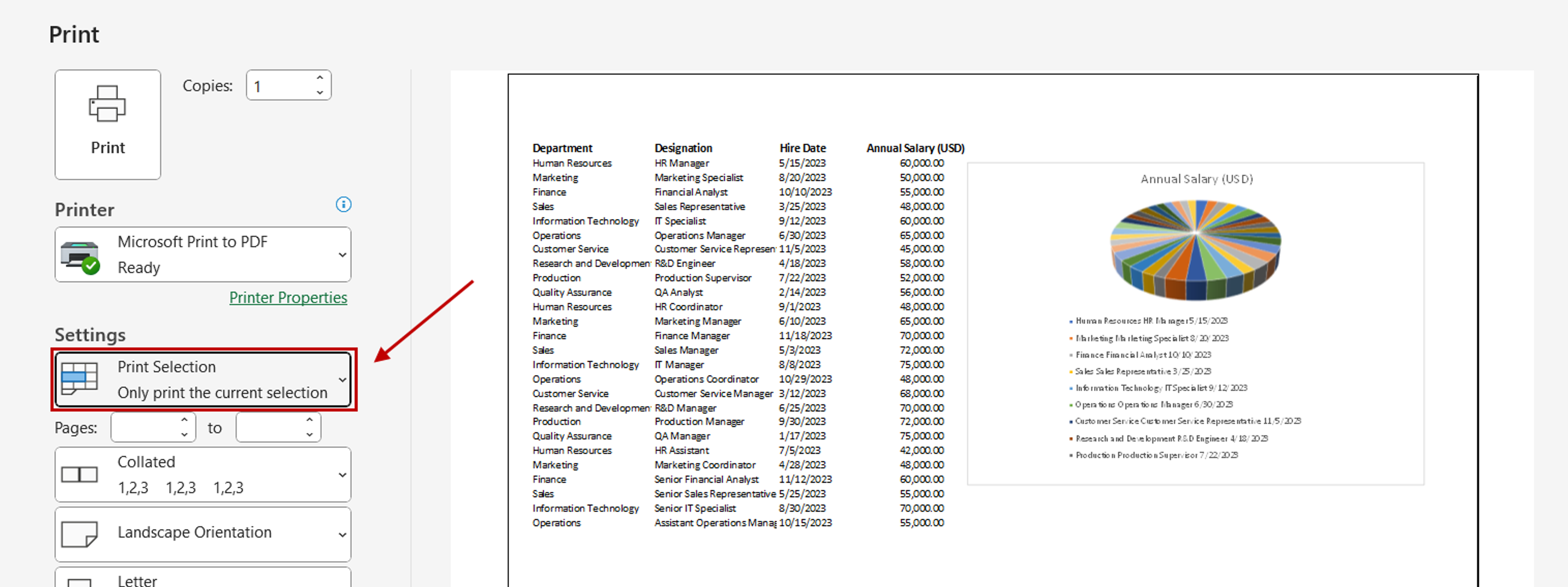 Saving selected Excel data to PDF