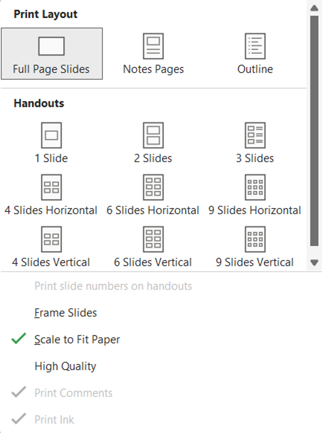 Print layout options for printing PowerPoint slides