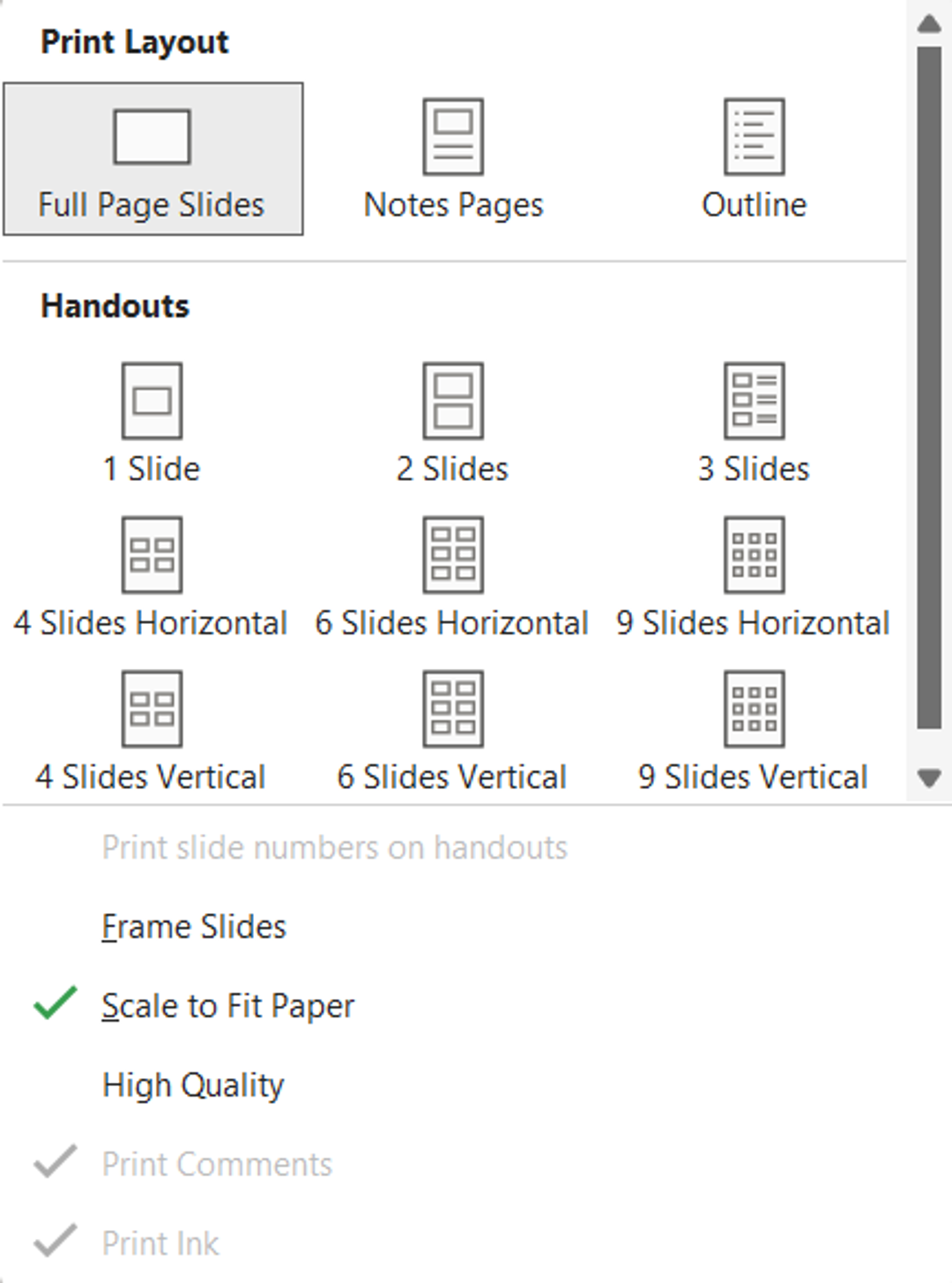 Print layout options for printing PowerPoint slides