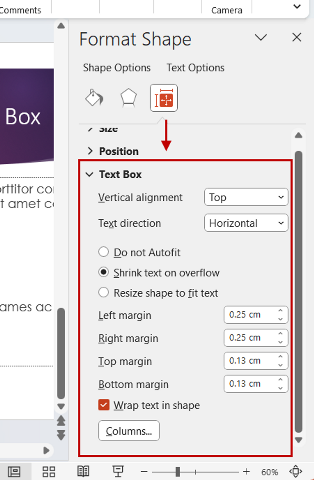 Options for customizing text box formatting in MS PowerPoint