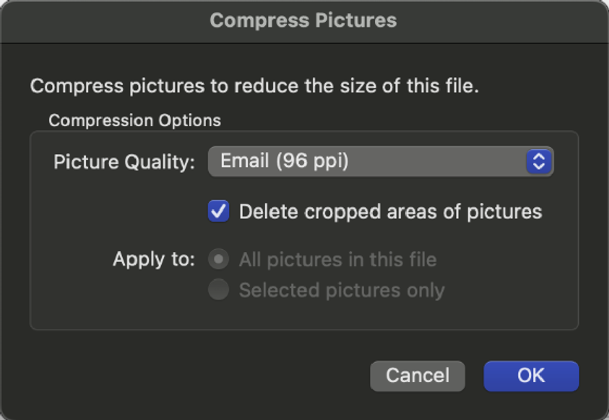 Compress Word file size options from MS Word for Mac 