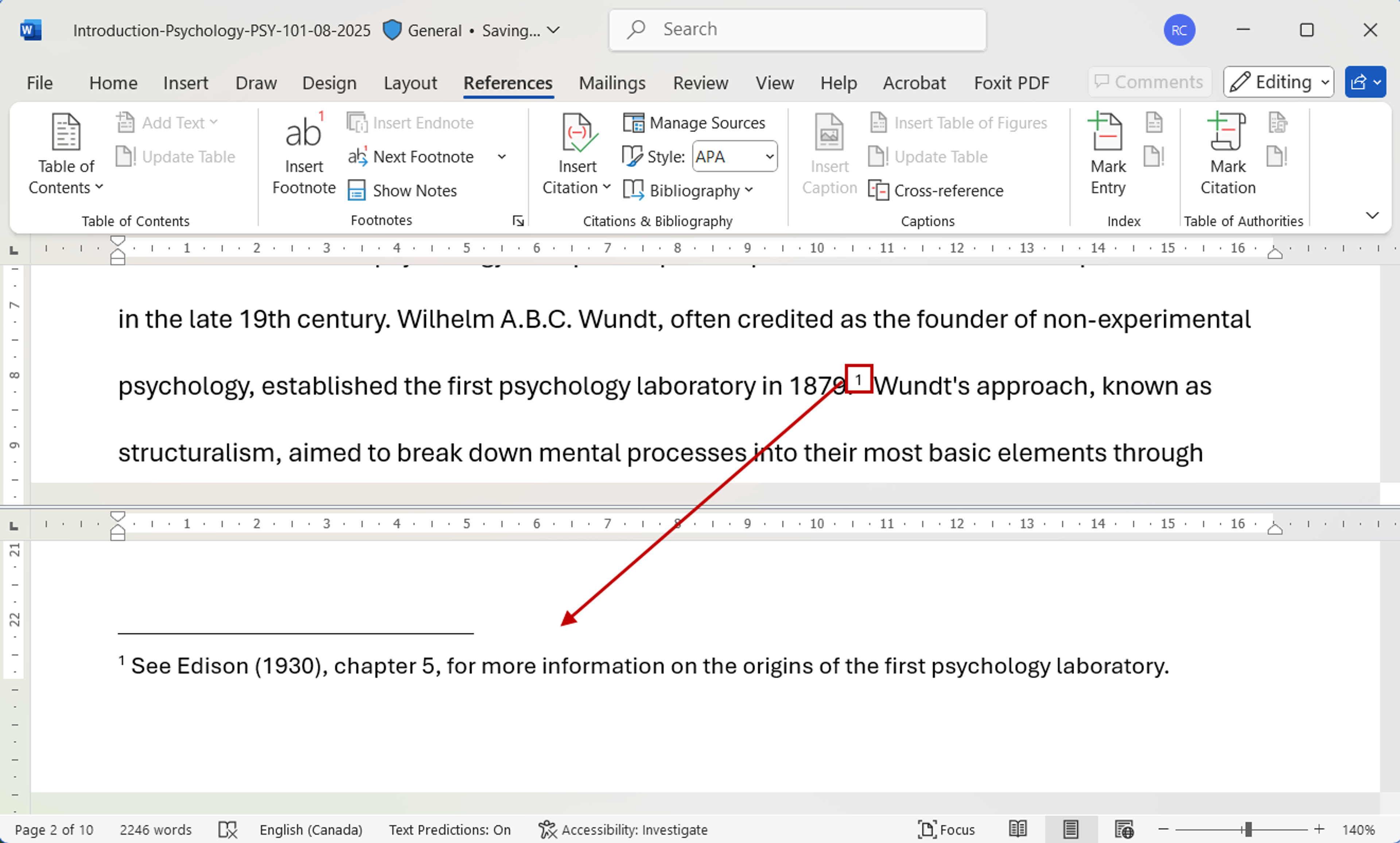 Adding and editing footnote text in Word