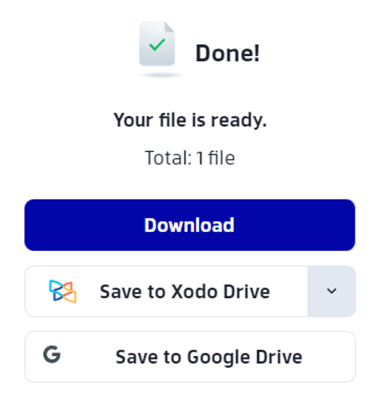 Downloading options for converted files with Xodo’s online JPG to PDF tool 