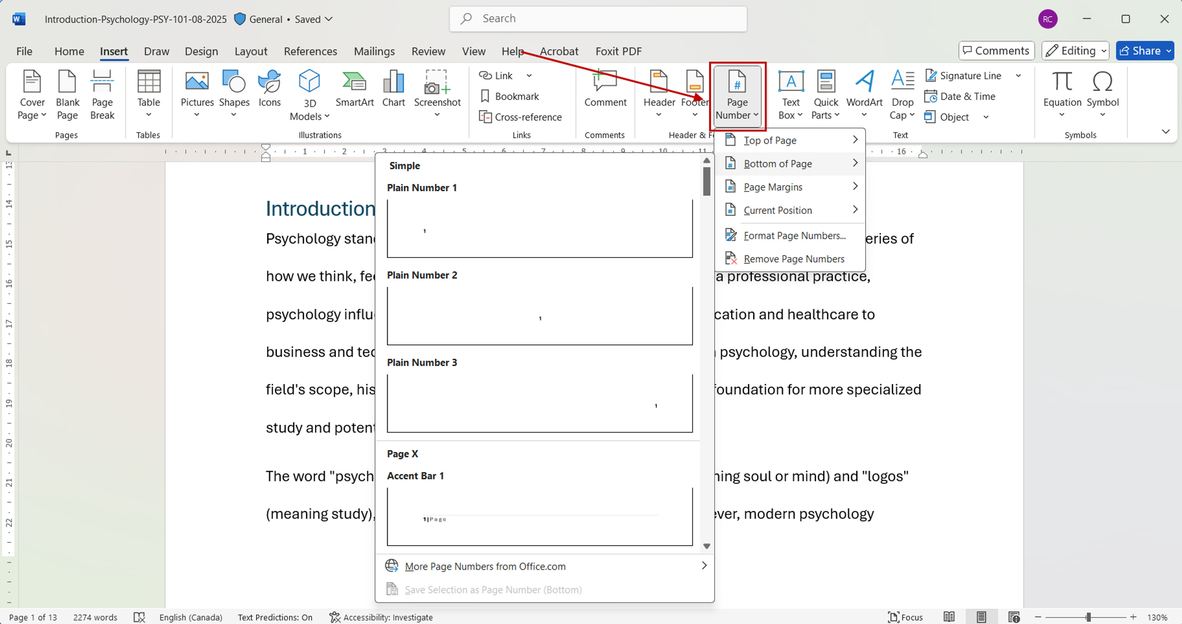 Steps to add page numbers in Word