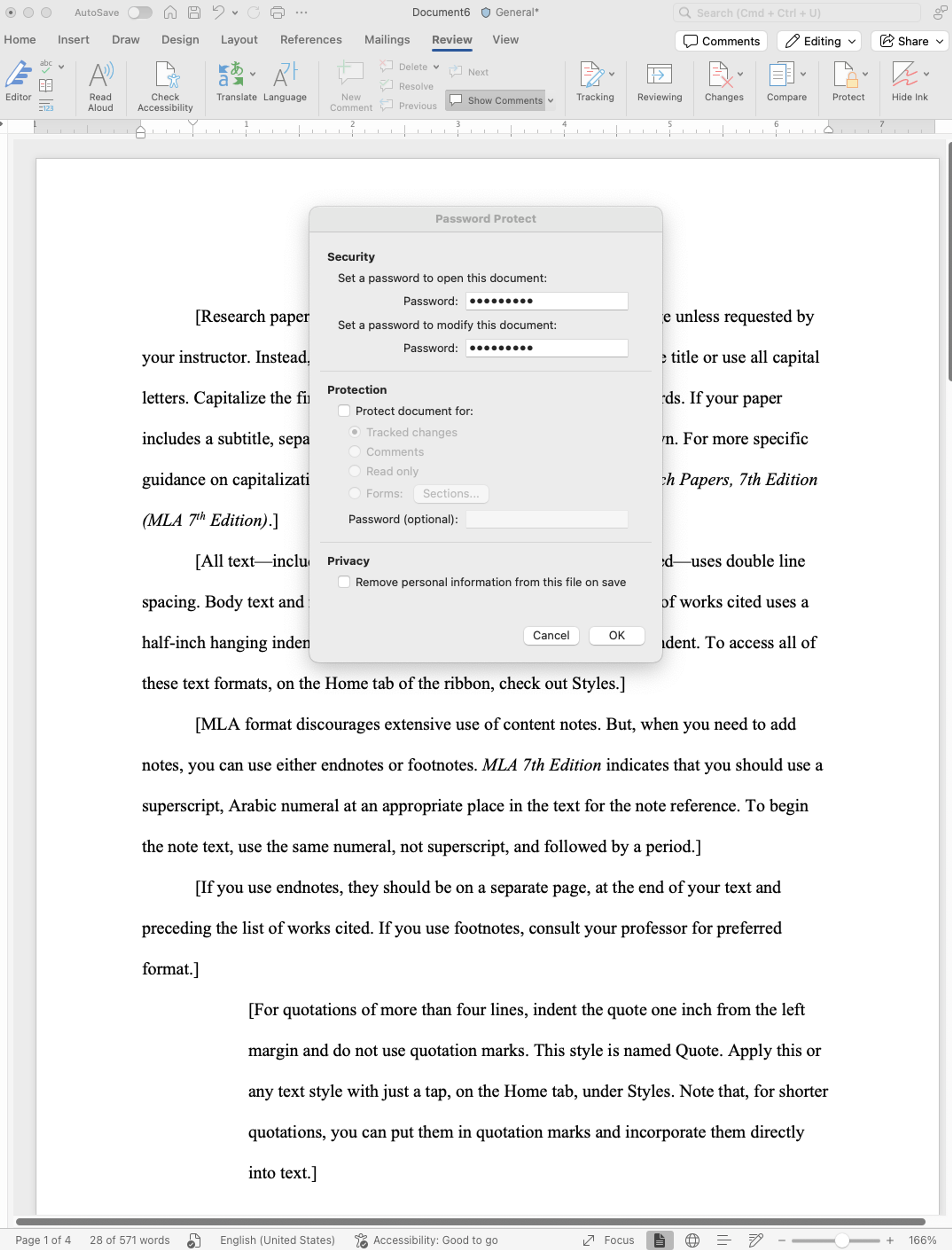 Steps to password protect a Word document on Mac