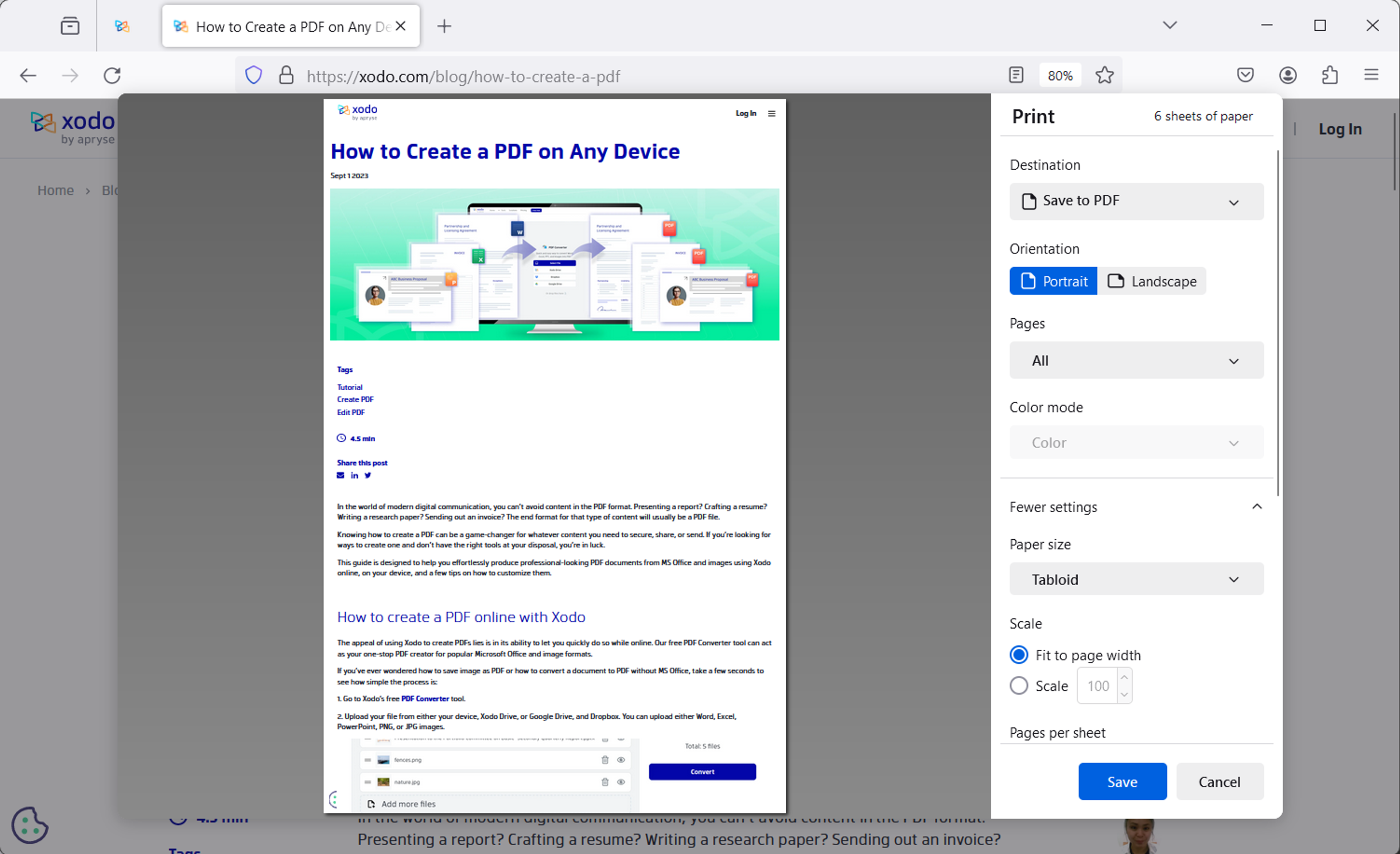 Saving a webpage as a PDF with Firefox