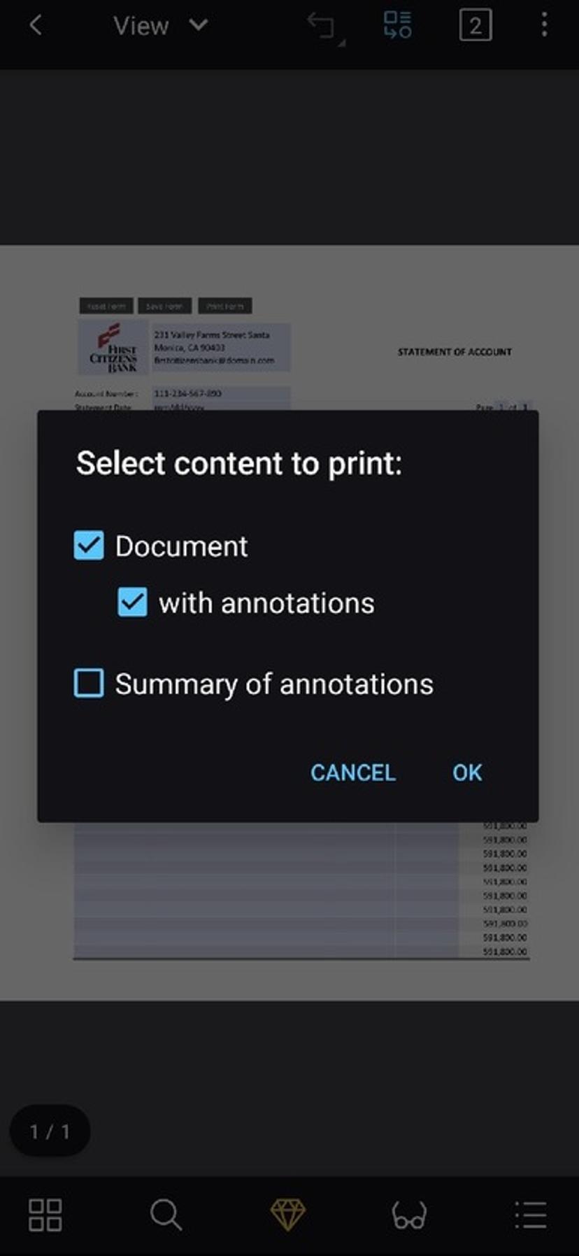 Printing a bank statement PDF on mobile devices using Xodo apps 