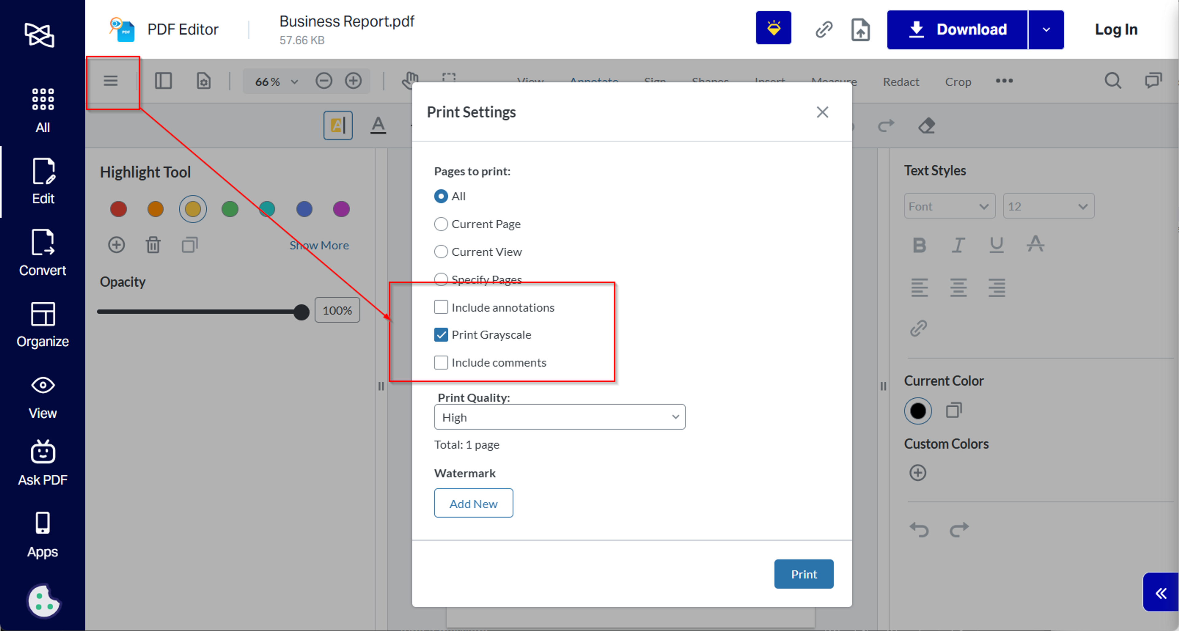 Steps to convert a PDF to black and white online for free using Xodo's PDF editor