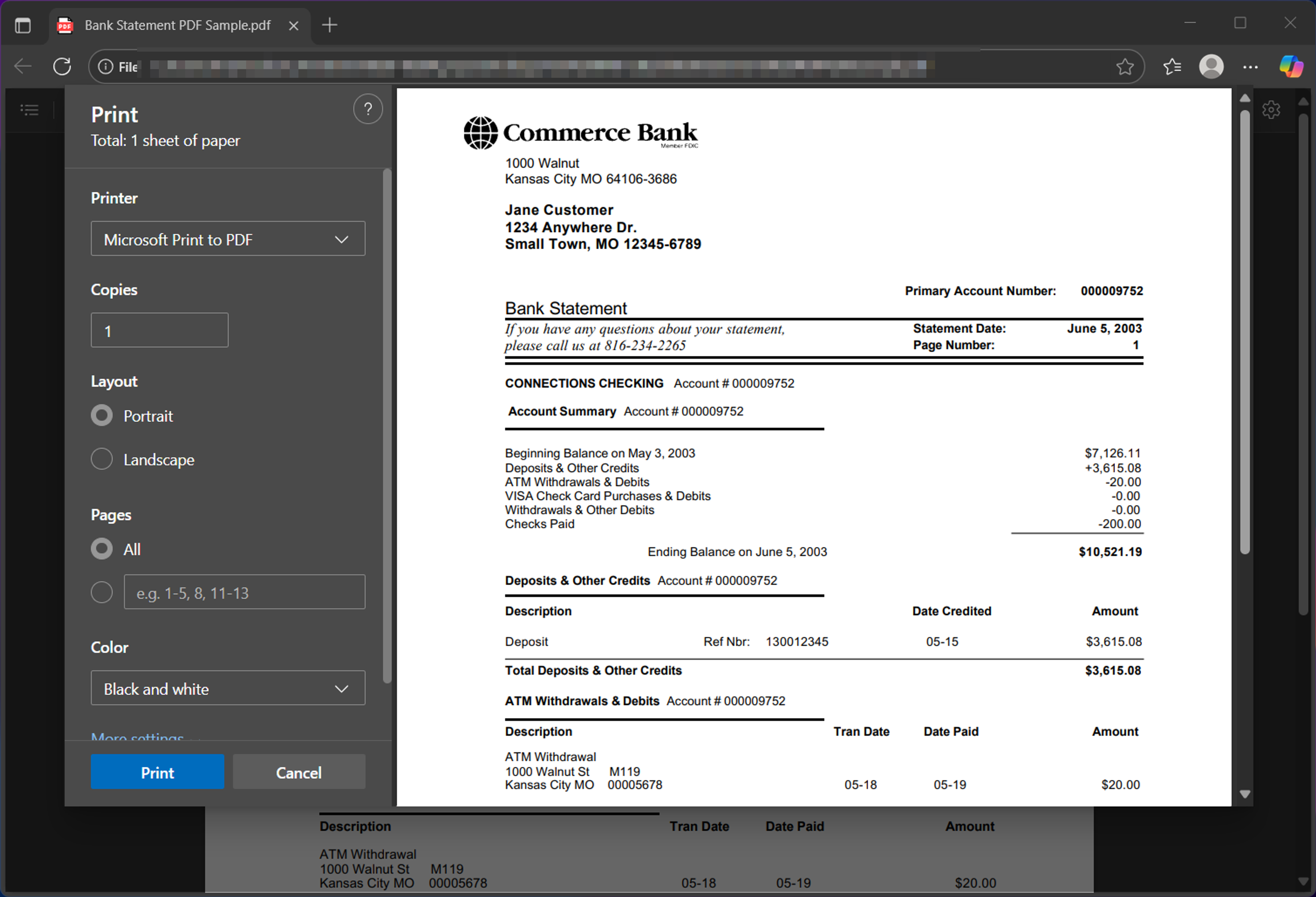 Printing a bank statement using Microsoft Edge on Windows