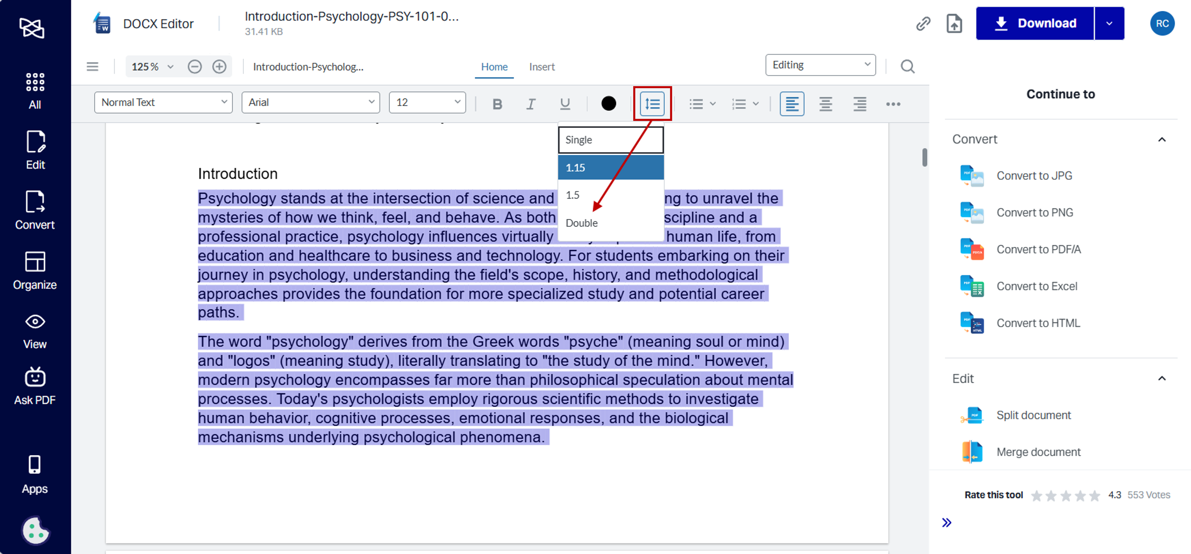 Steps to double space in Word using Xodo DOCX Editor online
