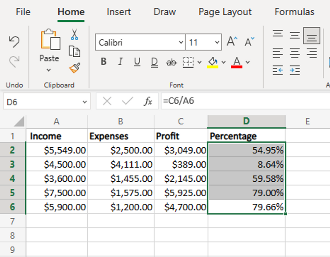 Reformatted percentage values for profit data in MS Excel