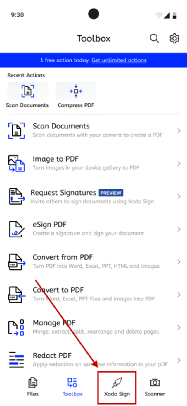 Logging into Xodo Sign on mobile