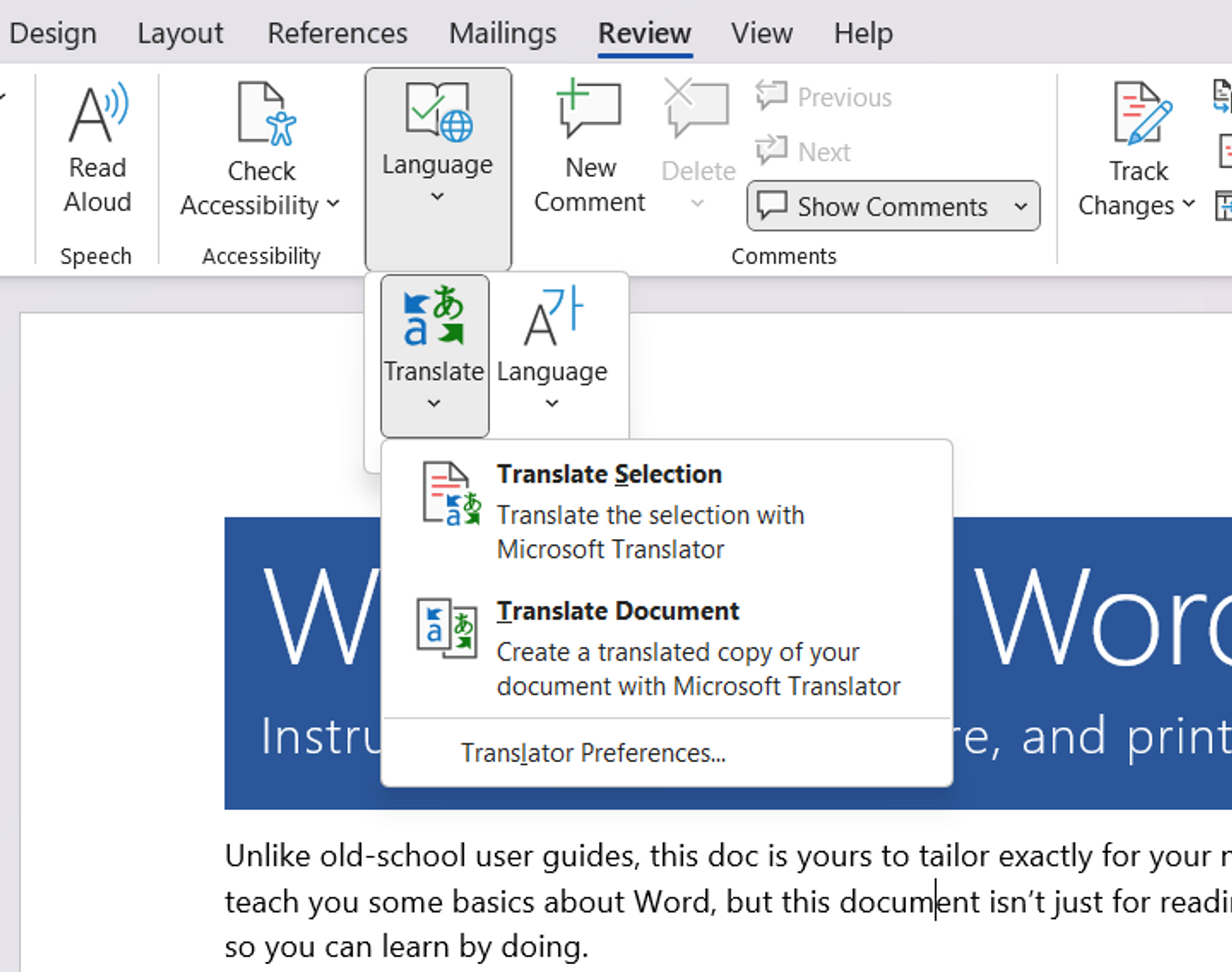 Translation options in MS Word