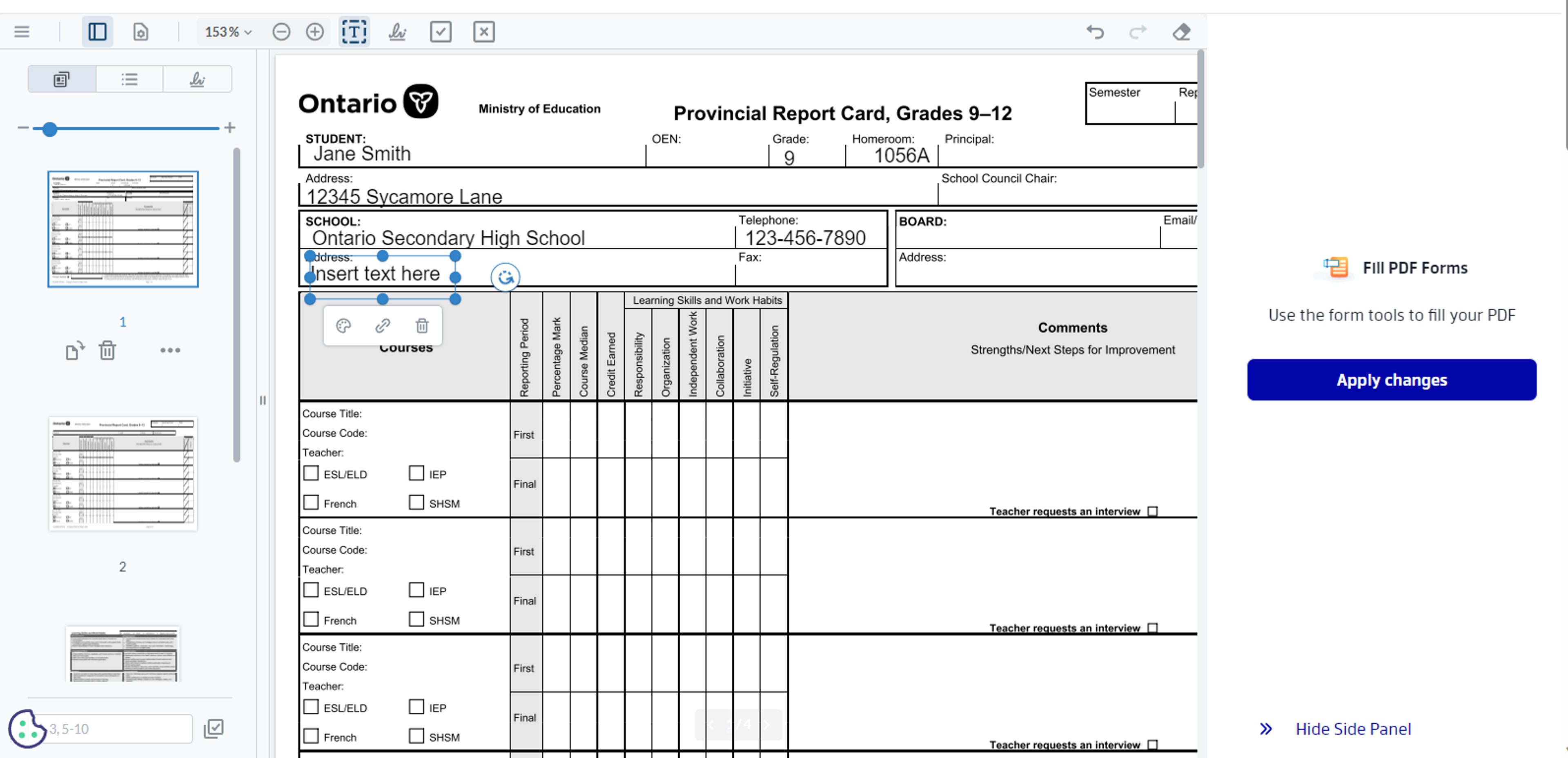 Filling in PDF report card with Xodo PDF Form Filler