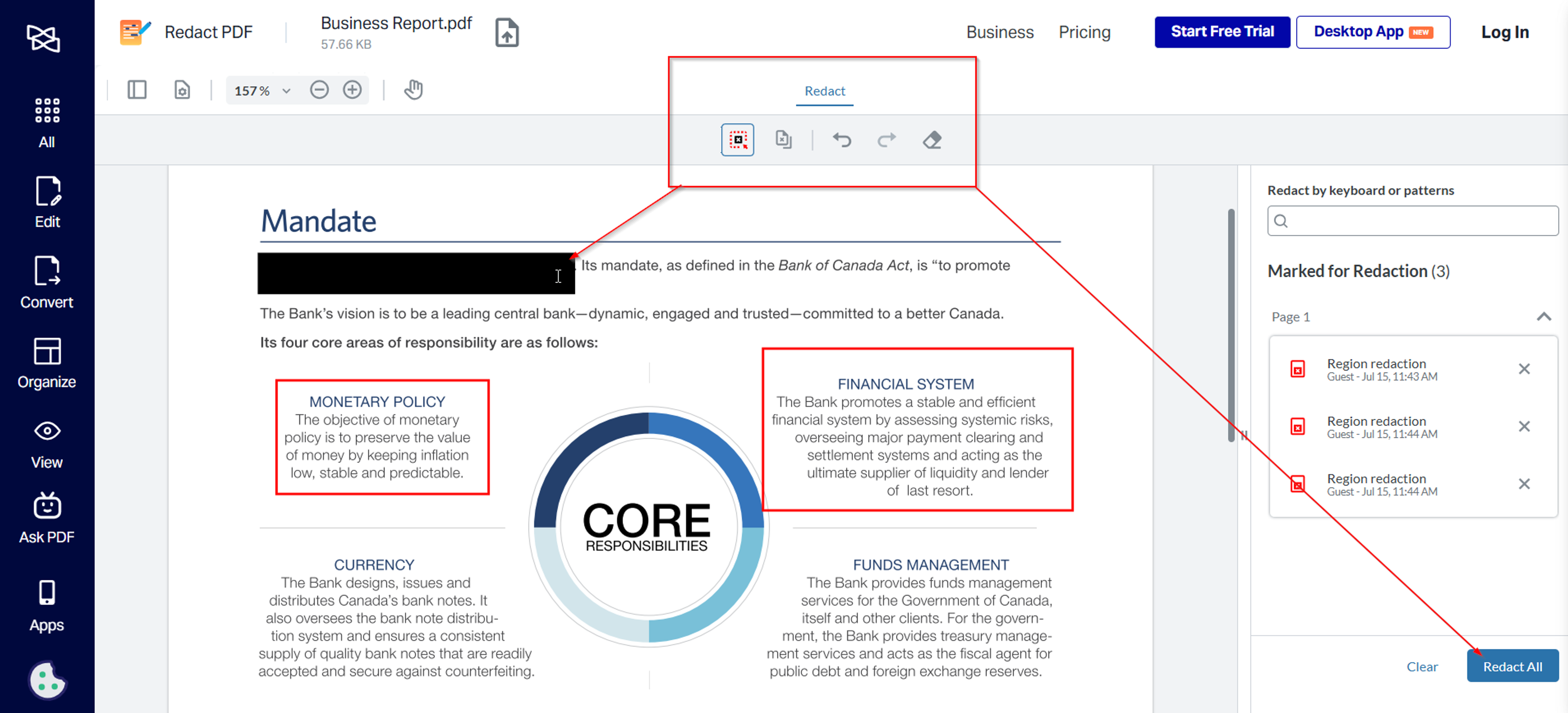 Steps to redact a PDF online for free using the PDF redaction tool in Xodo Web