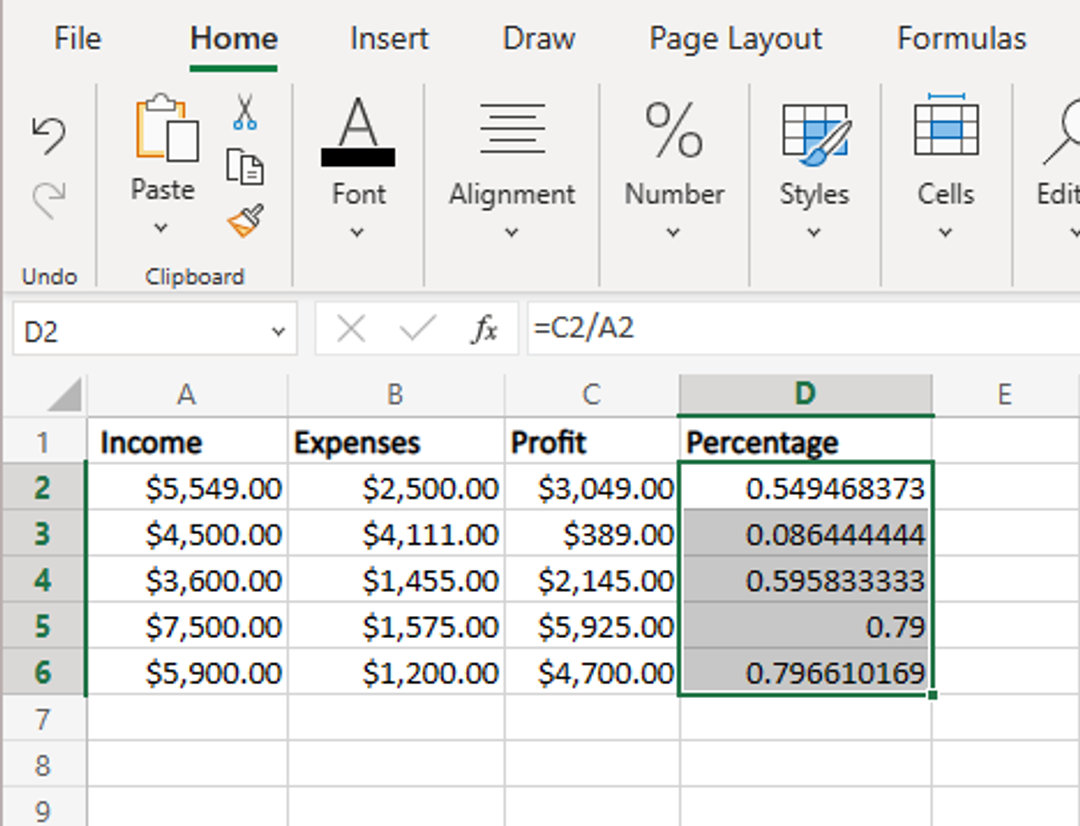 Calculating profit percentage values in an Excel table