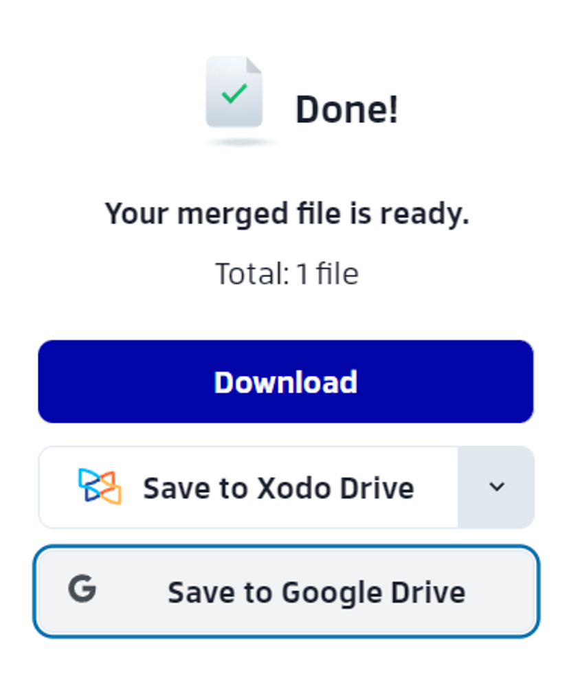 Downloading options for Xodo’s online Merge PDF tool 