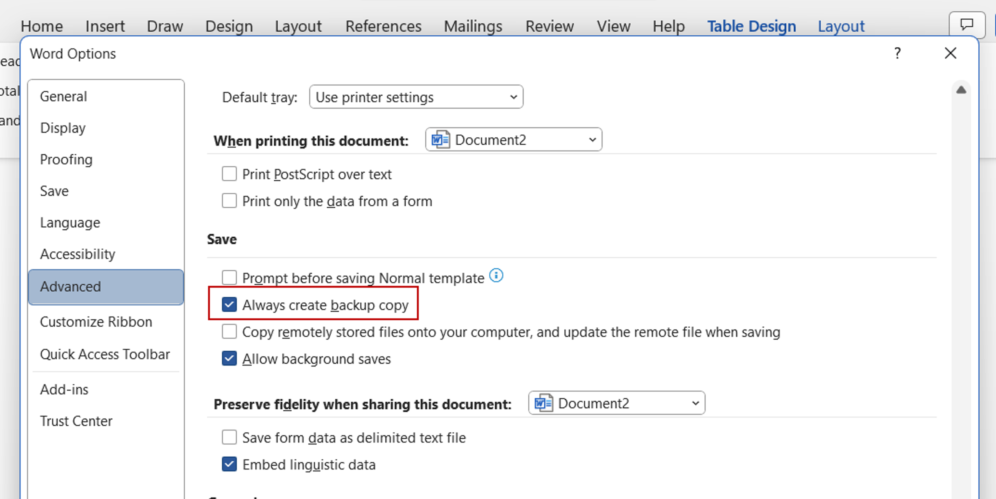 Accessing the backup copy saving option in MS Word