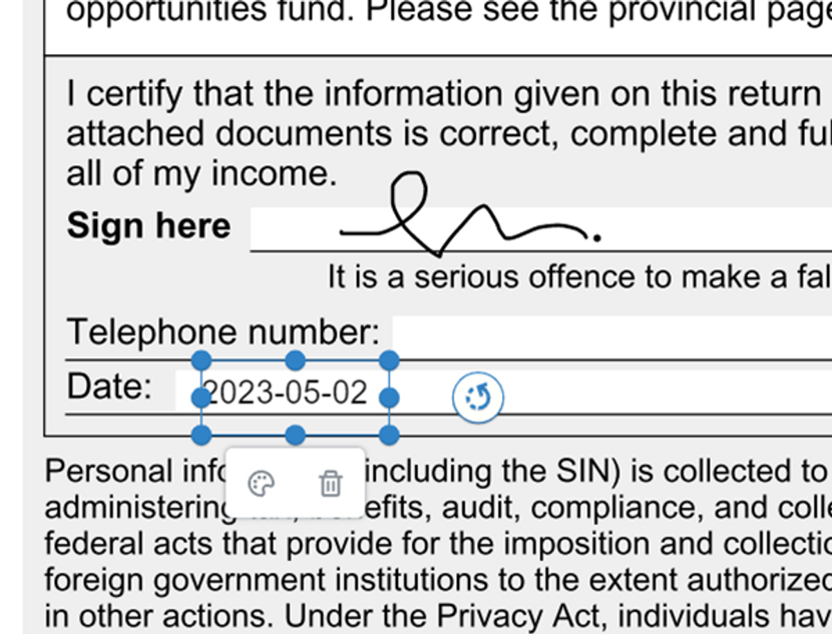 Customized date of a signature added to a form being electronically signed 