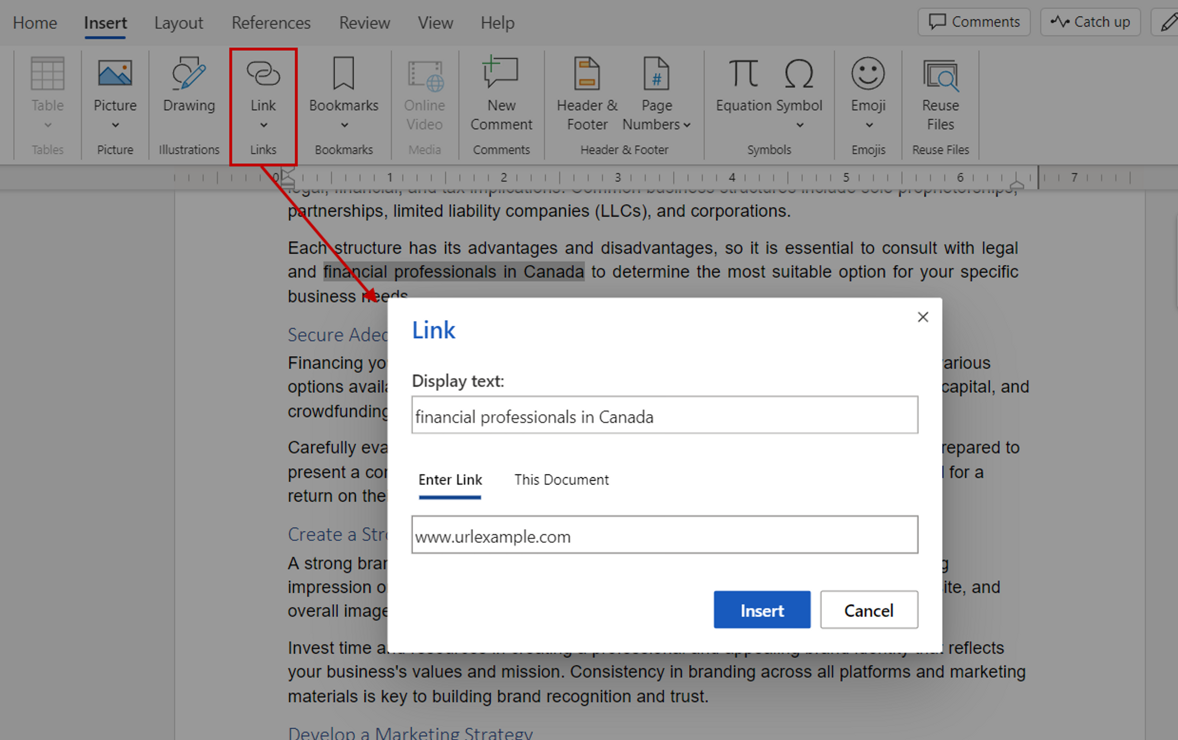 Creating a hyperlink in MS Word
