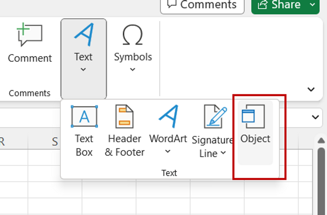 Accessing the Insert Object option in MS Excel 