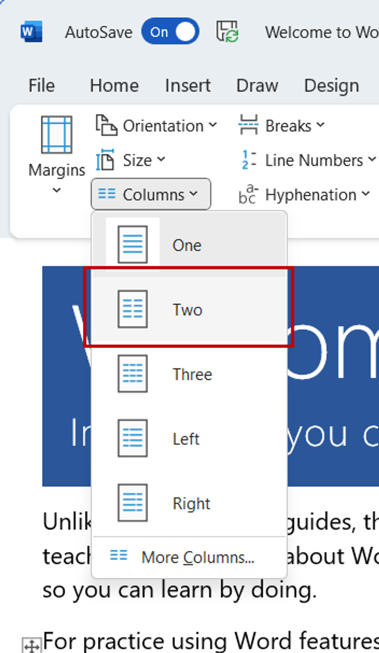 Selecting two column formatting in MS Word