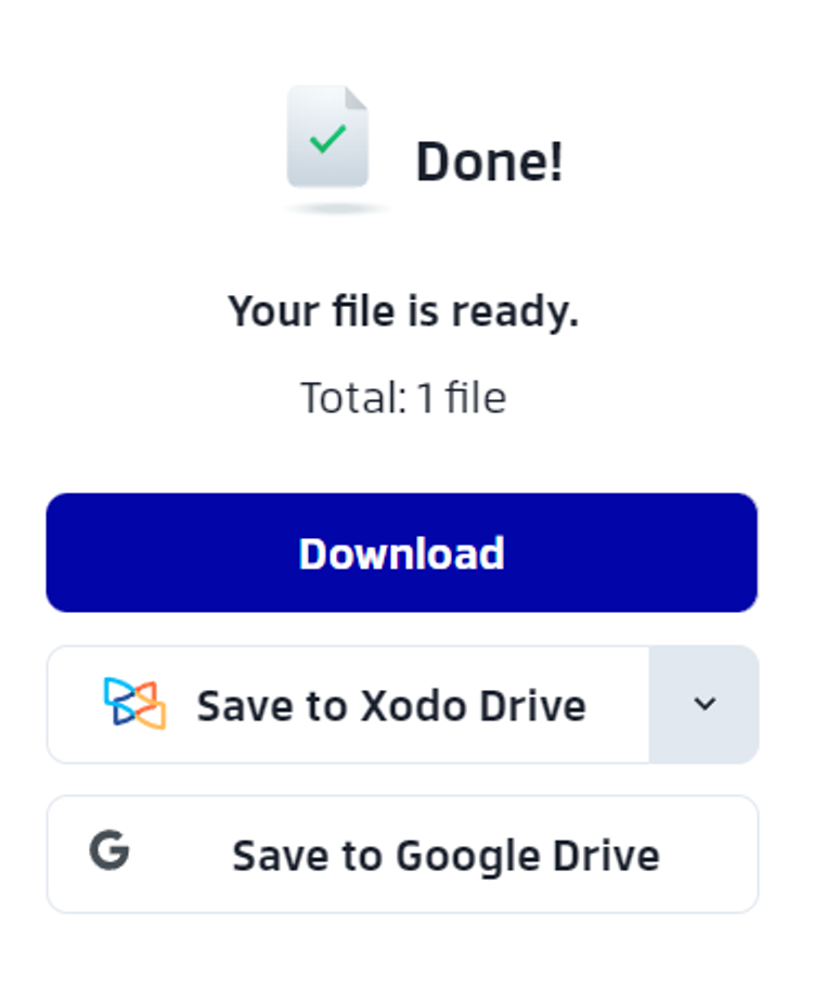 Downloading converted file options for Xodo’s online PDF to Word converter   